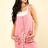 Half Button Drawstring Sleeveless Romper - Blush