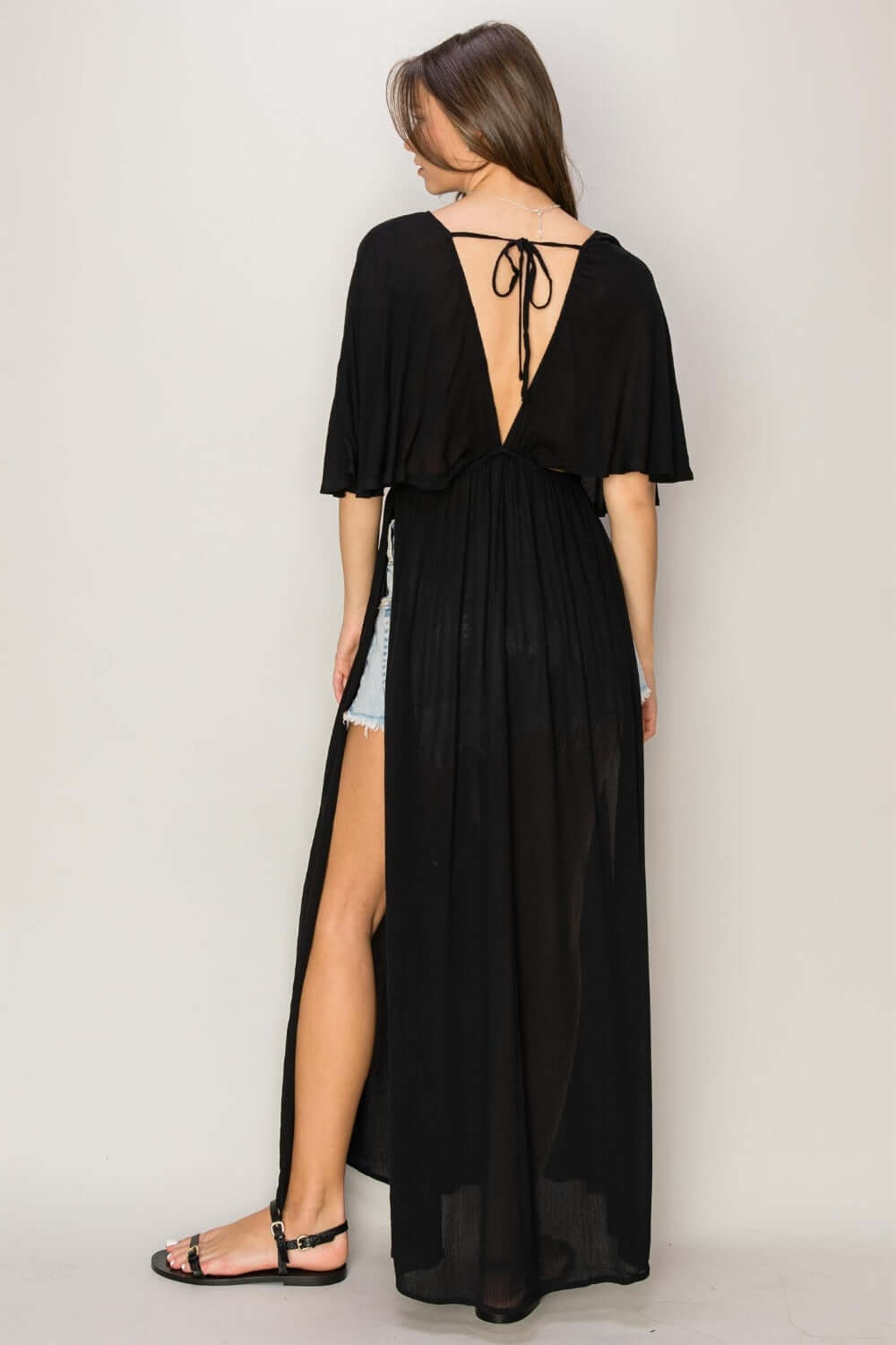 Tie Back Maxi Split Cover Up Dress with Plunging Neck and Batwing Sleeves, Black, Back View