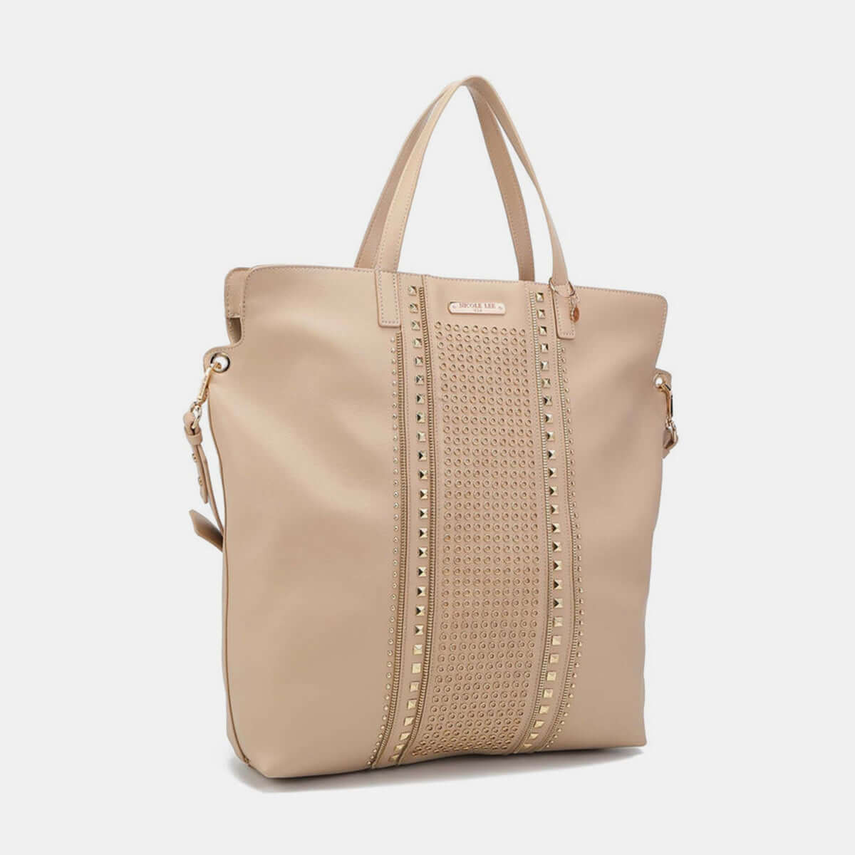 Nicole Lee USA Studded Large Tote Bag in vegan leather with dual top handles, zipper detailing, and optional shoulder strap.