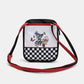 Nicole Lee USA Printed Nylon Crossbody Bag with "Step by Step" design, red strap, and black-and-white checkered pattern, ideal for travel.