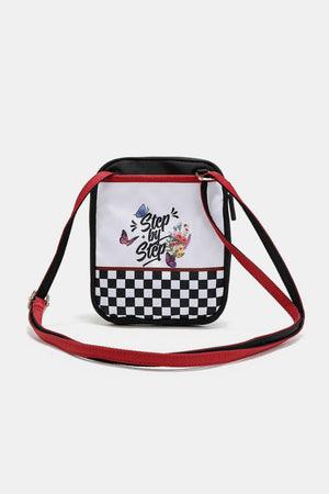 Nicole Lee USA Printed Nylon Crossbody Bag with "Step by Step" design, red strap, and black-and-white checkered pattern, ideal for travel.