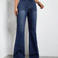 High Waist Bootcut Jeans with Pockets, featuring buttoned design and no stretch, made of 85% cotton and 15% polyester.