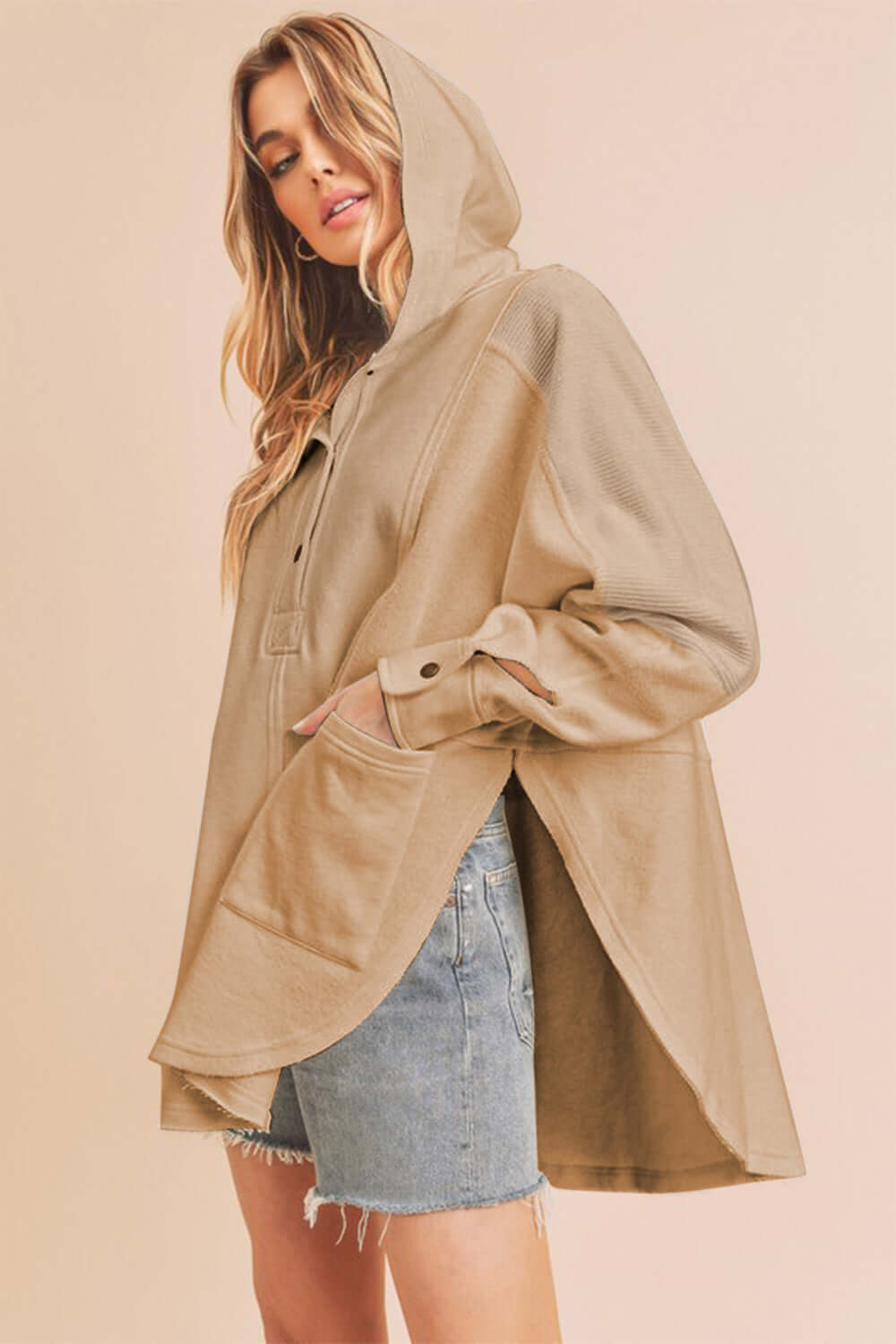 Stylish Aemi+Co Slit Half Snap Oversize Hoodie in beige, featuring a split design and casual yet chic vibe.