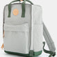 Waterproof canvas backpack with side pockets in light gray and green, perfect for adventures.