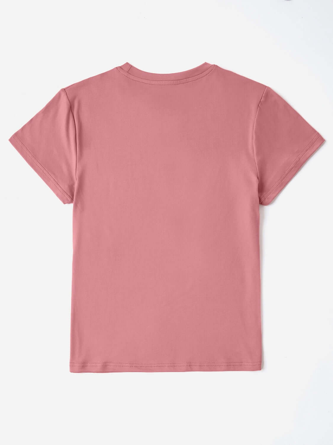 Round neck short sleeve t-shirt in pink, basic style made of 100% polyester, slightly stretchy and machine washable, view from back.