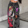 Bella Road Art Print Distressed Wide Leg Jeans - Black Gray