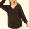 VERY J Washed V-Neck Exposed Seam Knit Top - Black