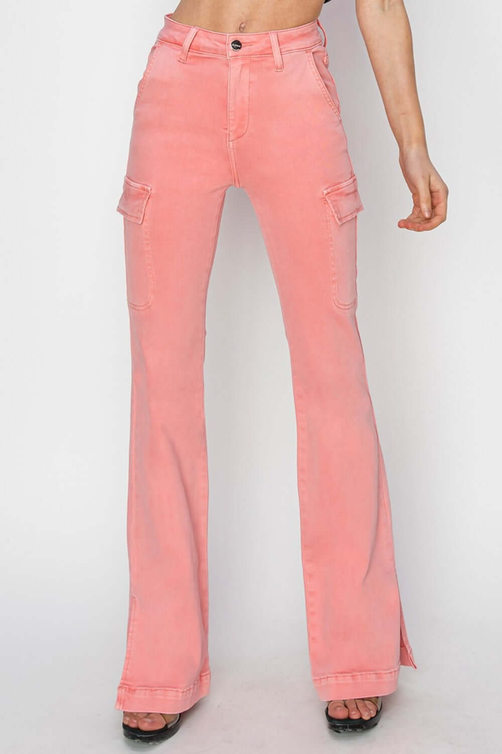 Elevate your style with pink high-rise side slit cargo bootcut jeans by Risen Jeans, featuring a chic & edgy design perfect for any occasion.