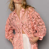 Collared Neck Button Up Lace Shirt - Peach Coral