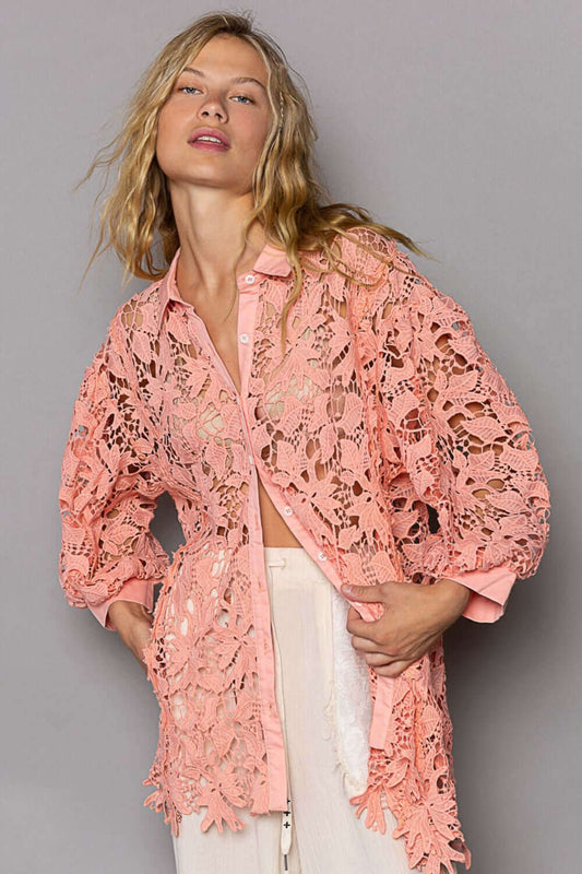 POL Collared Neck Button Up Lace Shirt at Bella Road