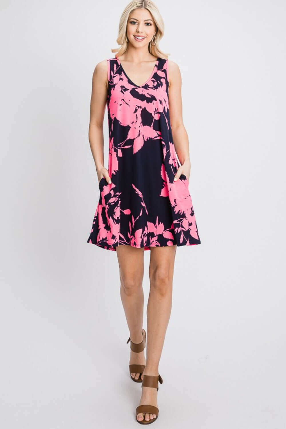 HEIMISH Full Size Floral V-Neck Tank Dress with Pockets at Bella Road