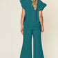 Woman wearing teal Texture Ruffle Short Sleeve Top and Drawstring Wide Leg Pants Set from the back.