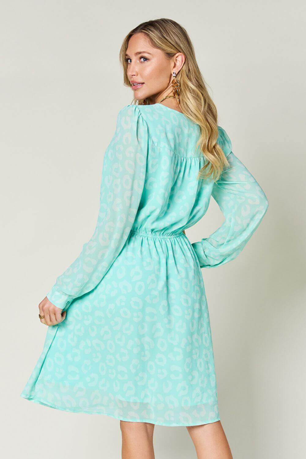 DOUBLE TAKE Full Size Printed Ruched V-Neck Long Sleeve Dress at Bella Road