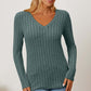 Ribbed V-Neck Long Sleeve T-Shirt