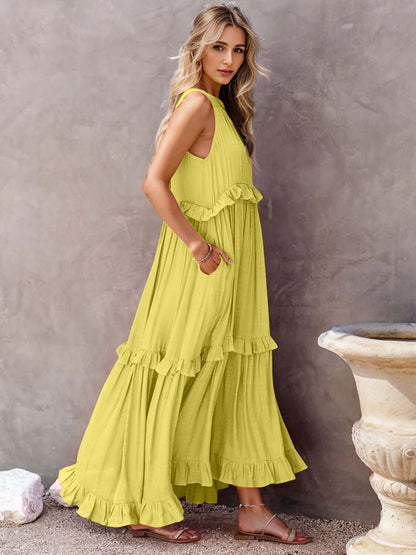 Ruffled Sleeveless Tiered Maxi Dress with Pockets