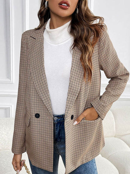 Woman wearing Perfee Plaid Lapel Collar Long Sleeve Blazer with buttoned front and pockets, paired with a white turtleneck and blue jeans.