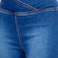 High waist pull-on flare jeans with crossover waistband detail for a modern, comfortable look.