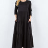 Tiered Midi Dress with Pockets - Black