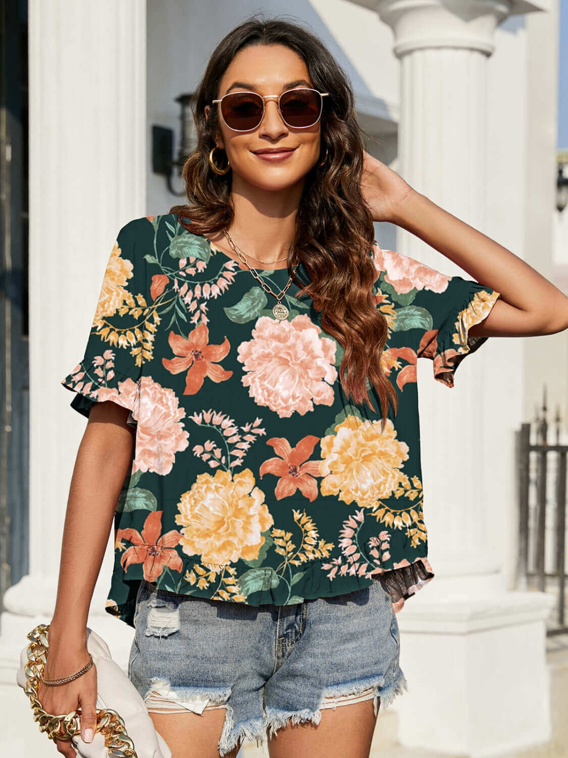 BELLA ROAD Floral Ruffled Short Sleeve Blouse at Bella Road