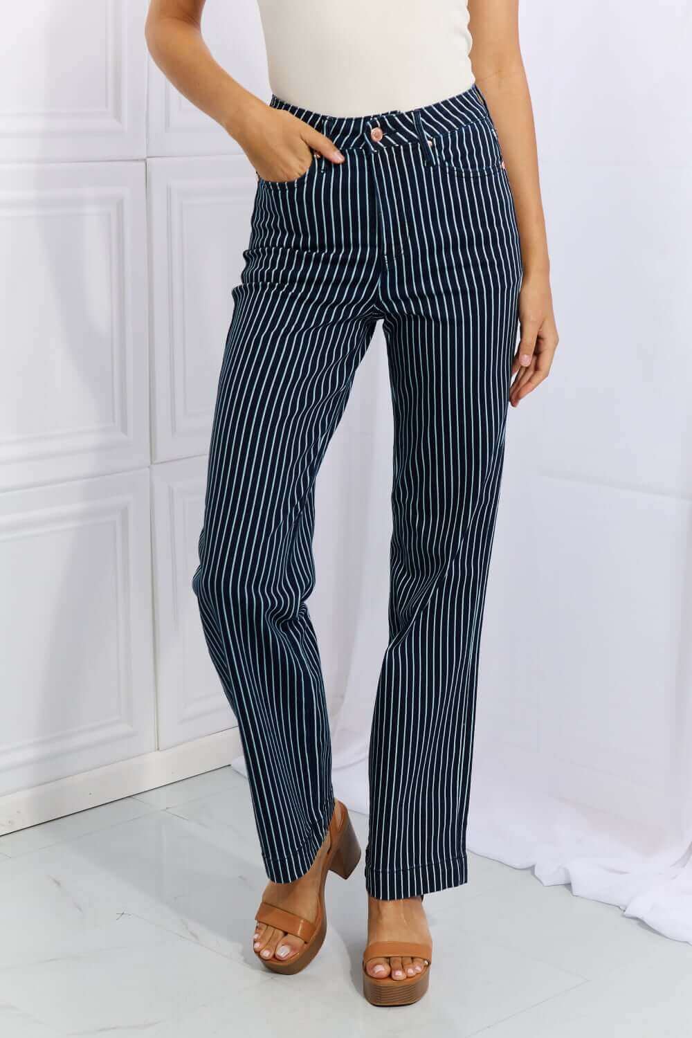 Judy Blue Cassidy Full Size High Waisted Tummy Control Striped Straight Jeans for a flattering fit and comfortable wear