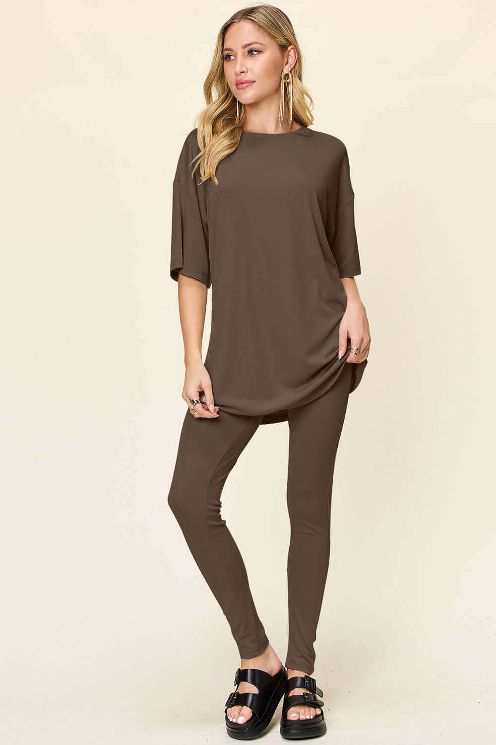 DOUBLE TAKE Full Size Round Neck Dropped Shoulder T-Shirt and Leggings Set at Bella Road