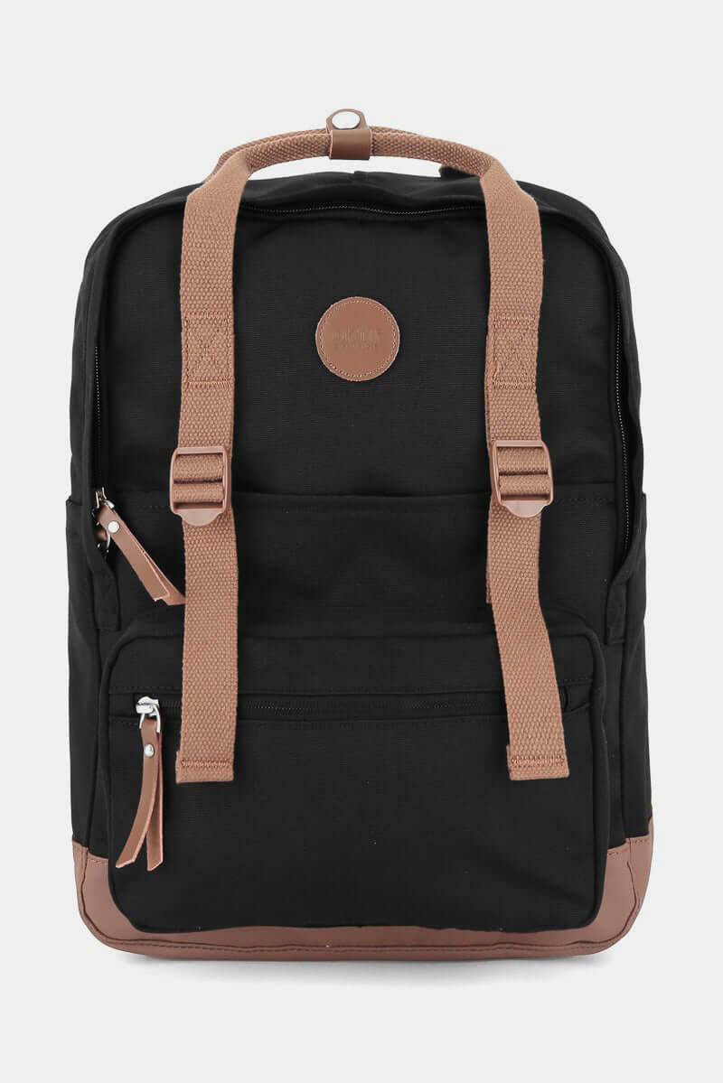 Black Himawari waterproof canvas backpack with tan straps and side pockets, perfect for stylish adventures and practical use.