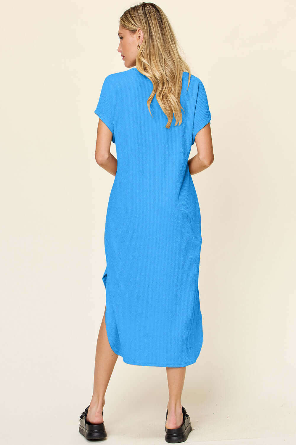 DOUBLE TAKE Full Size Round Neck Short Sleeve Slit Dress at Bella Road