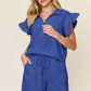 DOUBLE TAKE Full Size Texture Flounce Sleeve Top and Drawstring Shorts Set at Bella Road