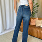 Woman wearing RFM Full Size High Rise Straight Tummy Control Jeans showcasing back view and classic design.