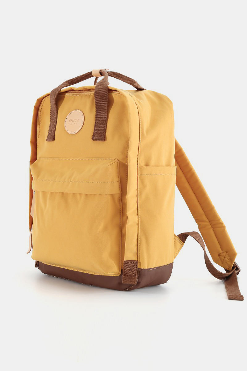 Yellow Himawari waterproof canvas backpack with side pockets, perfect for adventures.