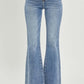 RISEN full-size high waist raw hem flare jeans for women, retro-inspired denim with high-rise waist, flare legs, and unique raw hem design.