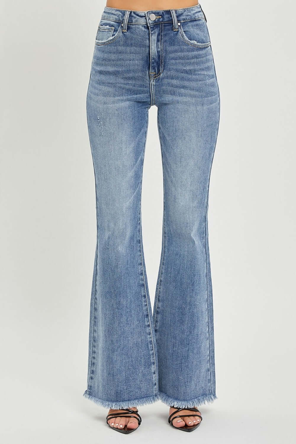 RISEN full-size high waist raw hem flare jeans for women, retro-inspired denim with high-rise waist, flare legs, and unique raw hem design.