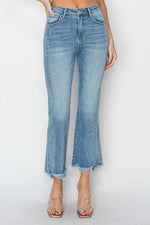 High Rise Frayed Hem Flare Risen Jeans with Bohemian-Inspired Style and Edgy Fray, Perfect for a Casual, Laid-Back Look.