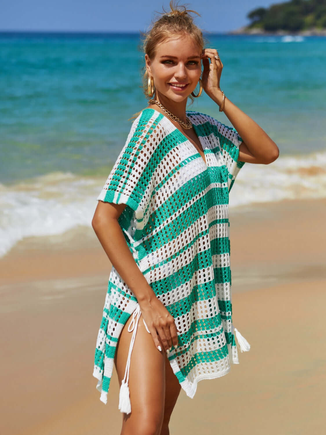 BELLA ROAD Tassel Openwork Striped V-Neck Cover Up at Bella Road