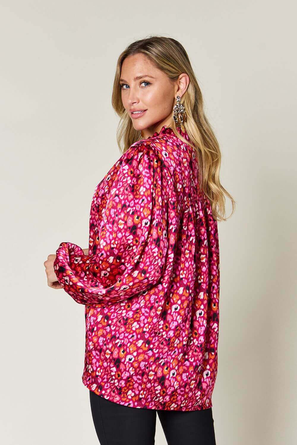 DOUBLE TAKE Full Size Printed Long Sleeve Blouse at Bella Road