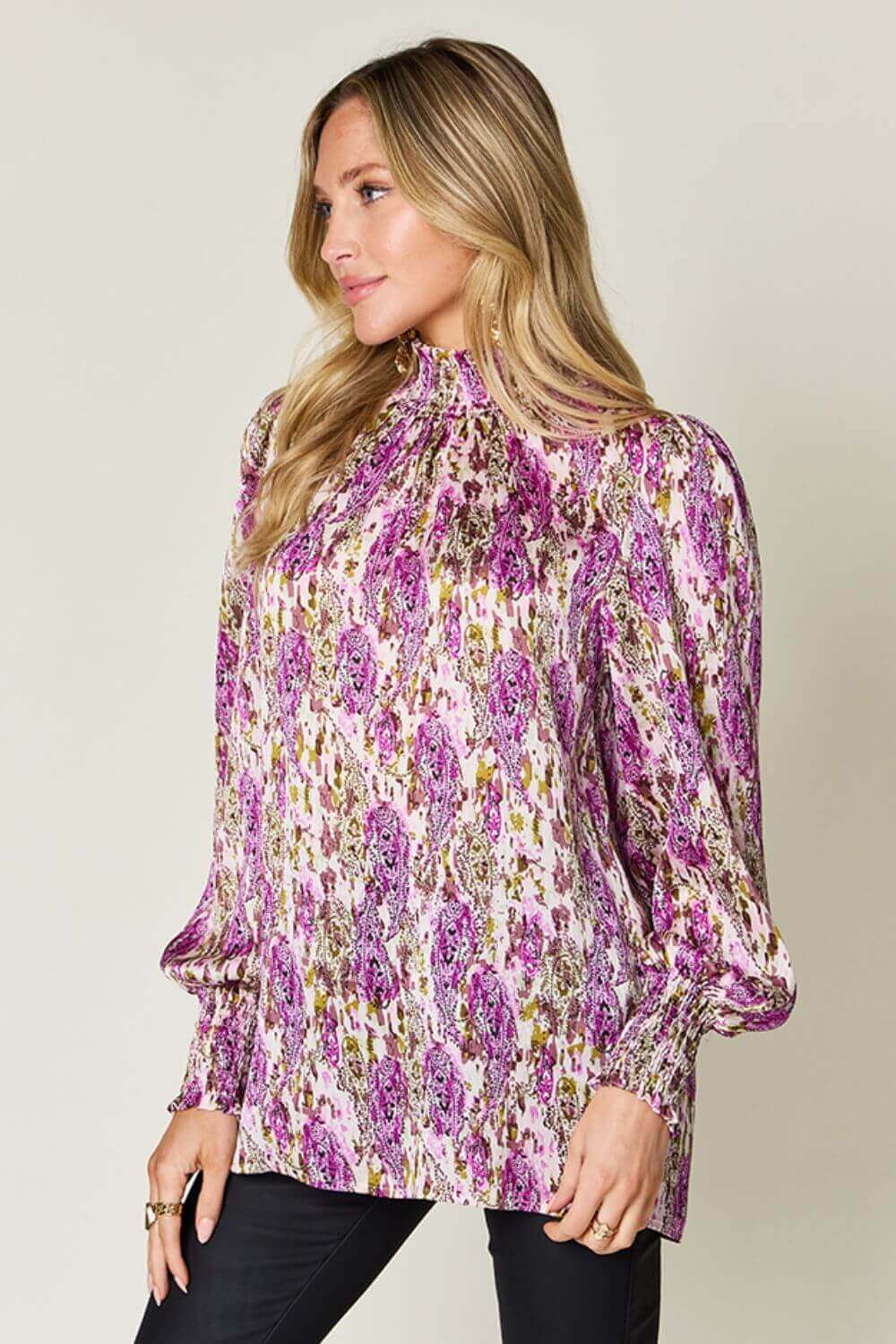 DOUBLE TAKE Full Size Printed Smocked Long Sleeve Blouse at Bella Road