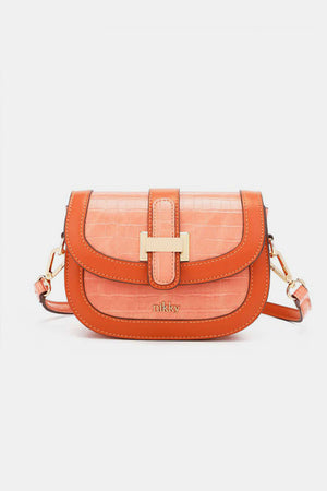 Nicole Lee USA croc-embossed crossbody bag in orange with adjustable strap and gold accents