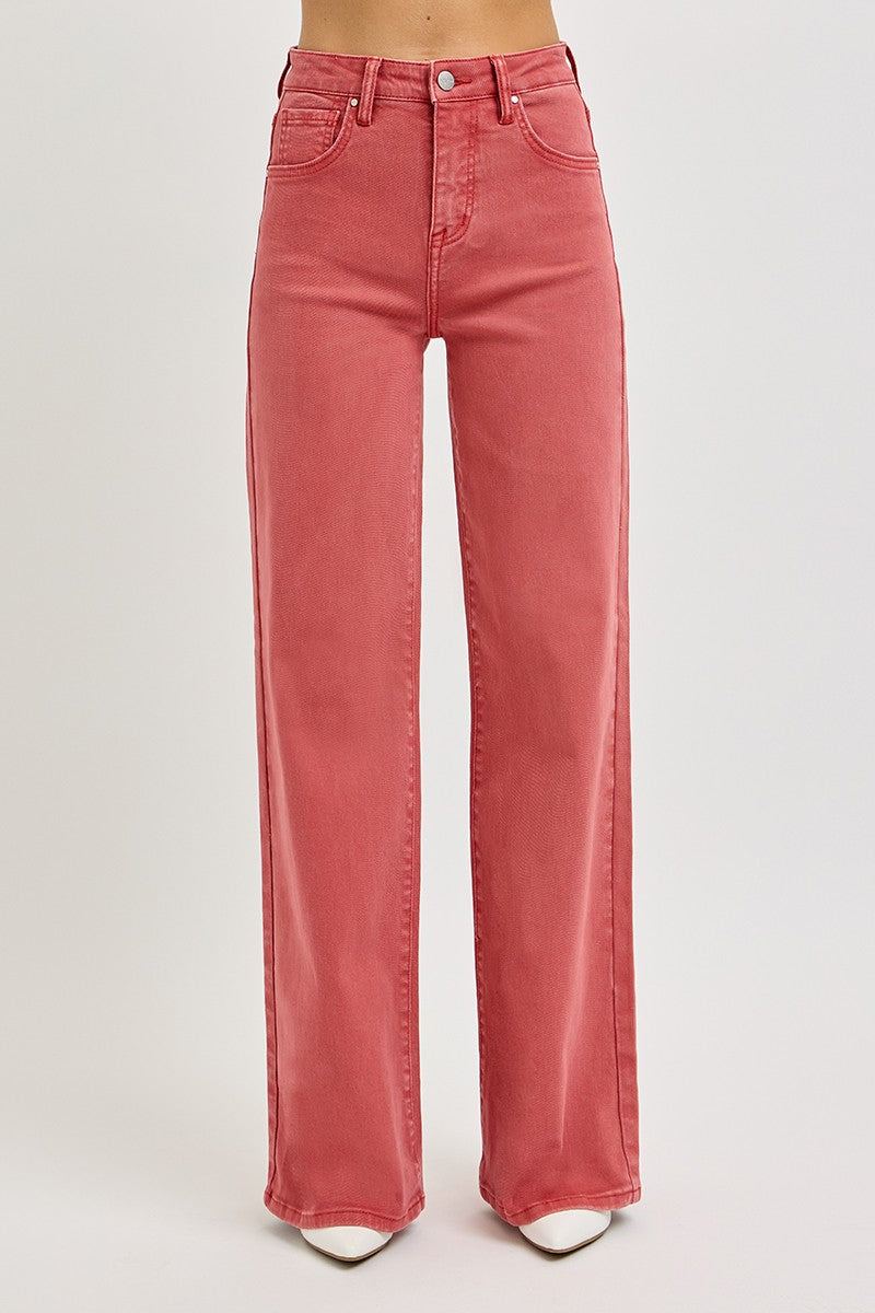 Risen full size high rise tummy control wide leg jeans in vibrant coral, showcasing flattering retro flair and a polished look.