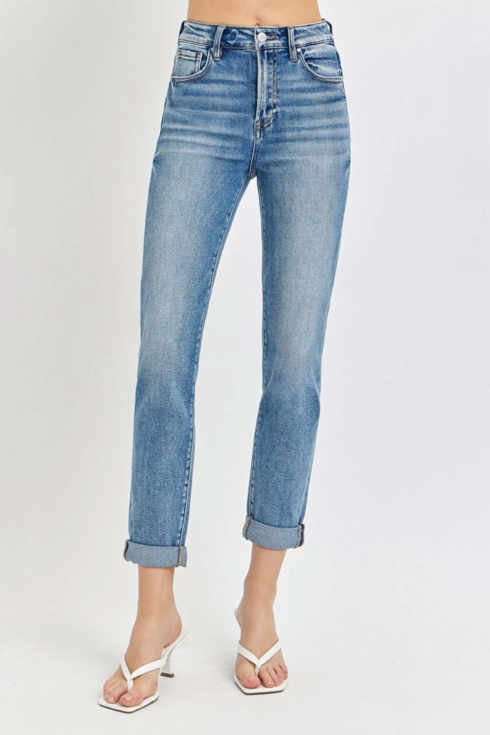 High Rise Cropped Roll Up Jeans by Risen Jeans featuring stylish high waist design and rolled-up cuffs, perfect for showcasing shoes.