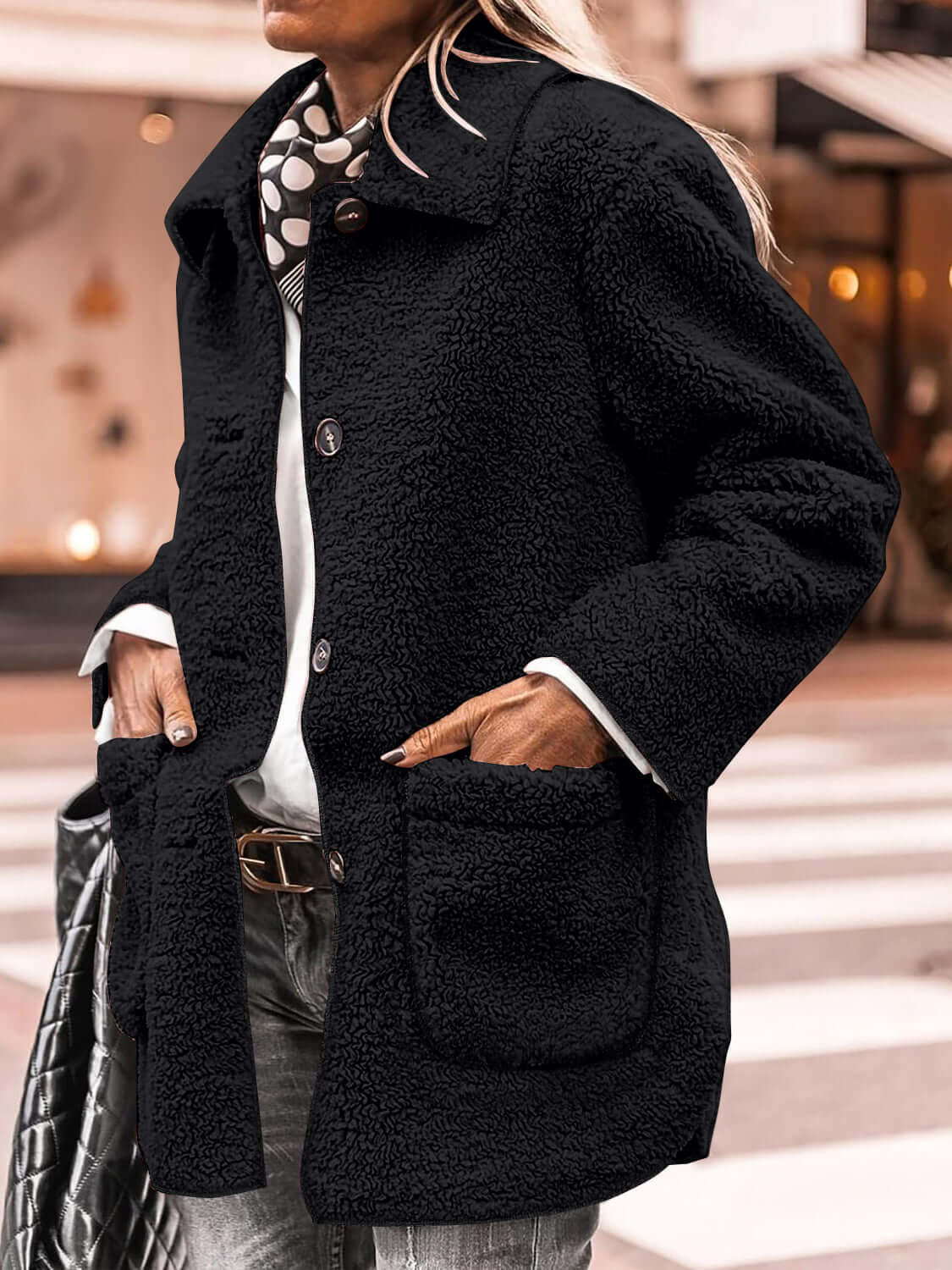 Woman wearing Bella Road Sherpa Pocketed Collared Neck Long Sleeve Jacket in black while outdoors on a chilly day