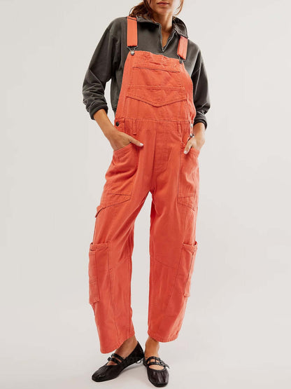 Stylish orange Bella Road Pocketed Wide Strap Denim Overalls, perfect for any adventure. Fashionable and functional with no stretch.