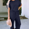 Texture Short Sleeve Top and Pants Set | Full Size - Navy