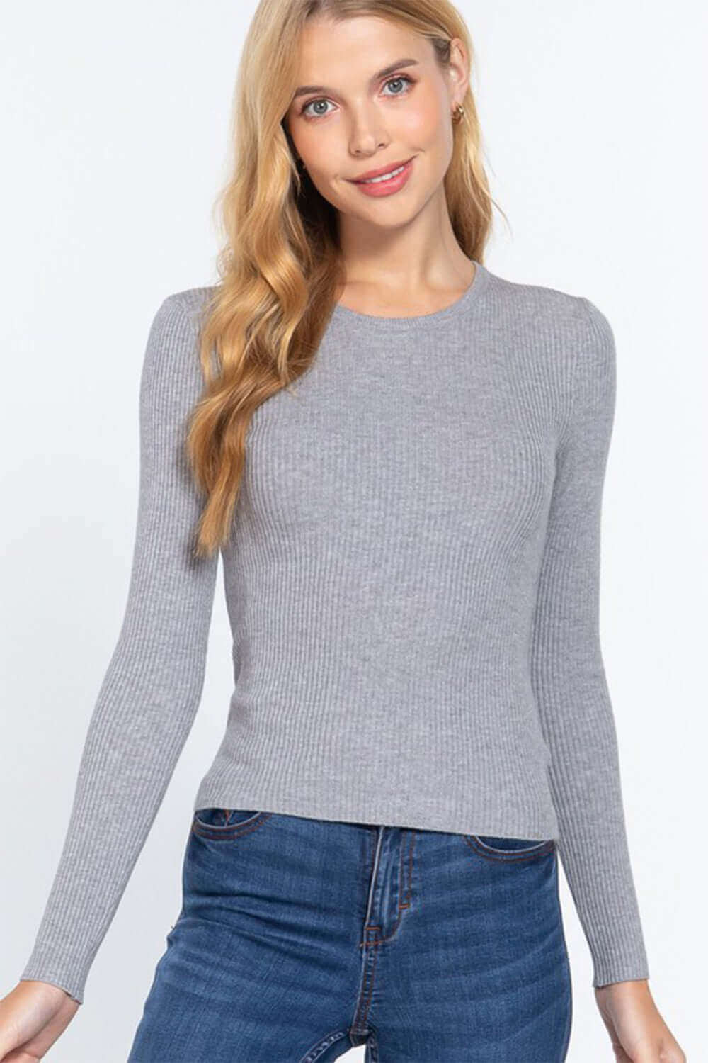 ACTIVE BASIC Full Size Ribbed Round Neck Long Sleeve Knit Top at Bella Road