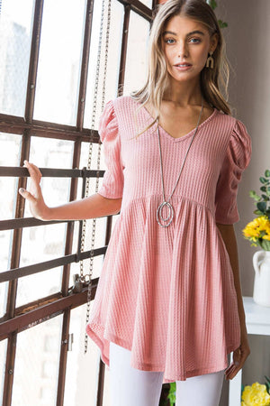 HEIMISH Full Size Waffle Knit V-Neck Babydoll Top at Bella Road