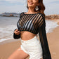 BELLA ROAD Openwork Boat Neck Long Sleeve Cover-Up at Bella Road