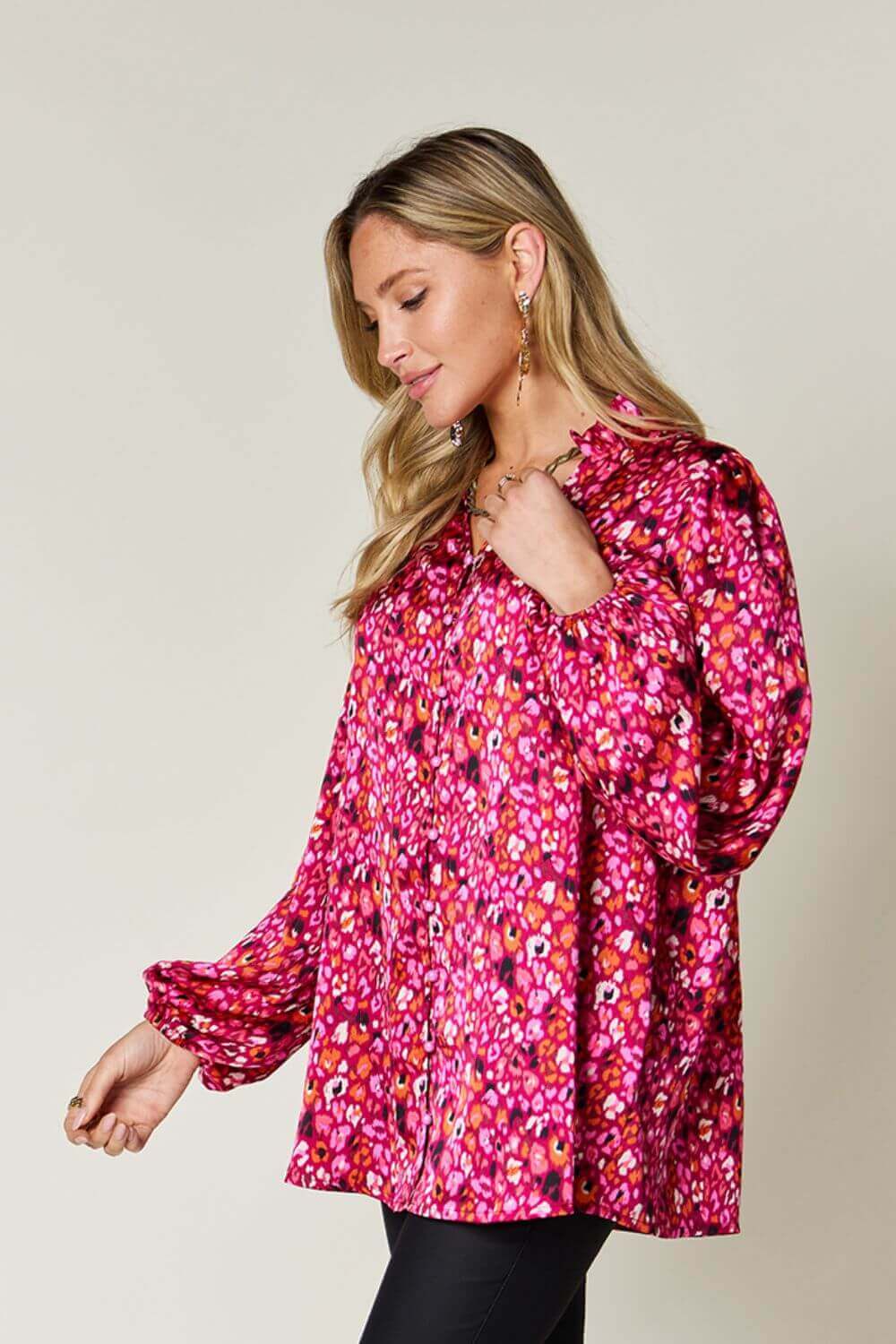 DOUBLE TAKE Full Size Printed Long Sleeve Blouse at Bella Road