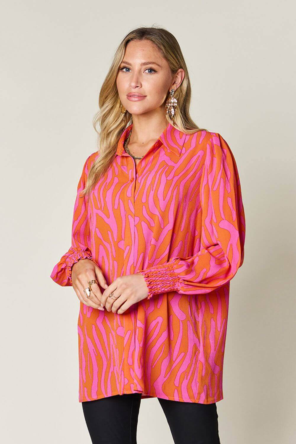 DOUBLE TAKE Full Size Printed Smocked Long Sleeve Blouse at Bella Road