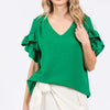 Ruffled Short Sleeve V-Neck Blouse - KELLY GREEN