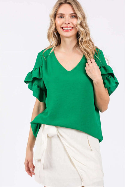 GEEGEE Ruffled Short Sleeve V-Neck Blouse at Bella Road