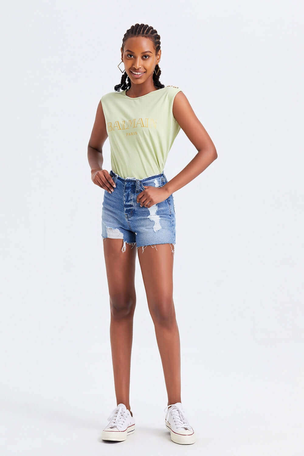 BAYEAS High Rise Bandless Denim Shorts at Bella Road